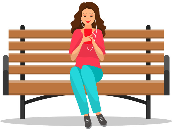戴着耳机的女士坐在长椅上听音乐图片下载