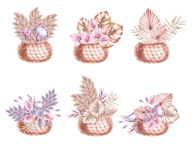 波西米亚风格的水彩婚礼篮子图片下载