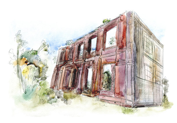 城市街道草图。水彩和黑色钢笔插图图片下载