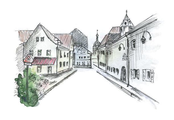 城市街道草图。水彩和黑色钢笔插图图片下载