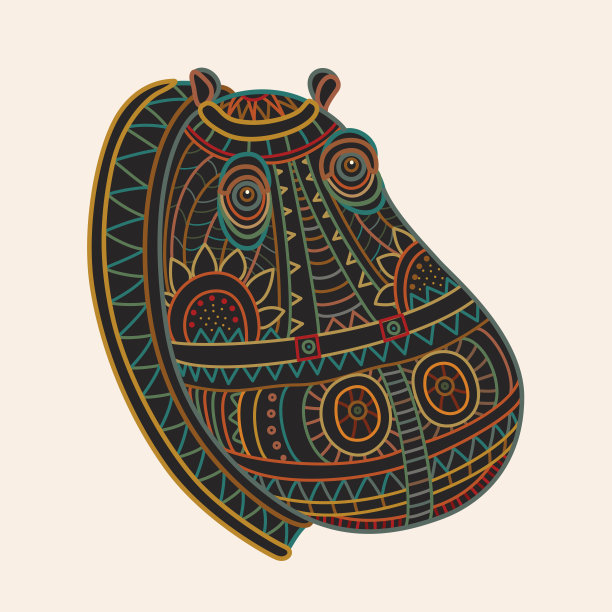 矢量幻想华丽的非洲河马头黑色剪影。手绘彩色涂鸦草图在米色背景图片下载