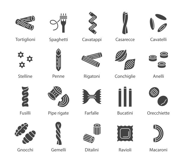 意大利面图标格列集。矢量插画与意大利面条，肉丝，通心粉，意大利饺子，意大利面，意大利面。图片下载