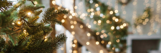 家新年的室内。一棵活圣诞树和厨房里的木楼梯。温馨的家庭度假氛围，阁楼设计的房间，日光，绿色的圣诞树用彩灯装饰图片下载