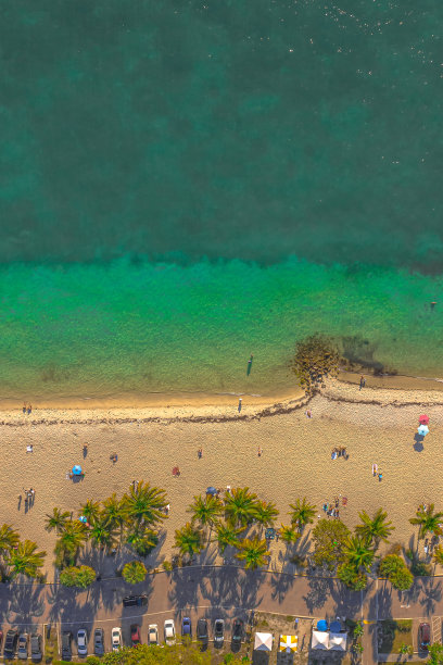 从无人机上俯瞰的海滩，棕榈树和美丽的蓝色海水图片下载