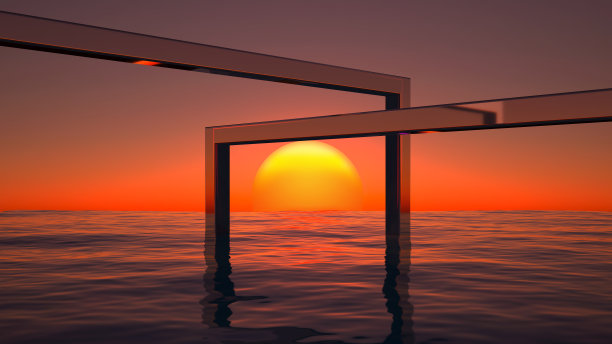 夕阳下海面上的两个光滑的长方形图片下载