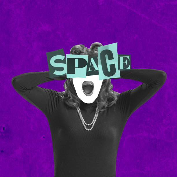 当代艺术拼贴。创意设计。女性剪影与空间字母孤立在紫色的背景图片下载