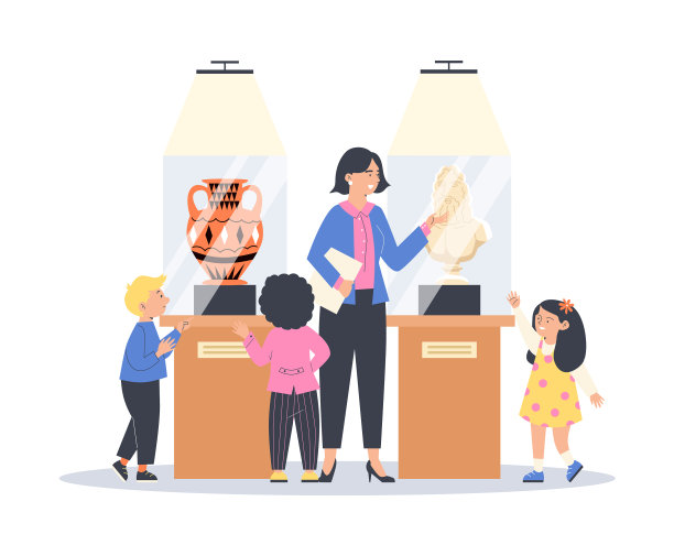 博物馆里的孩子们在玻璃后面看展品图片下载