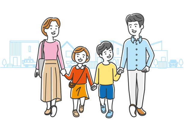 一家人手牵手散步的插画材料图片下载