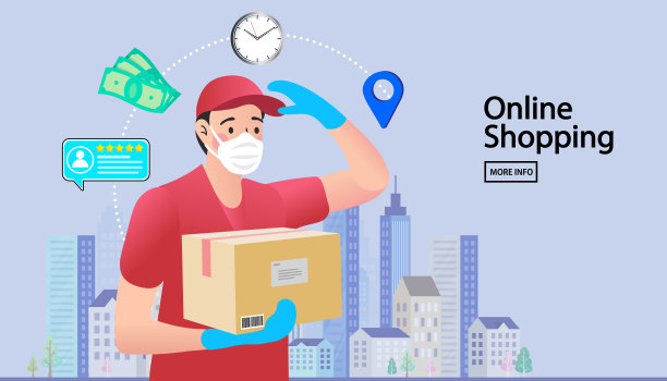 快递员穿红色制服，带口罩手持箱。在新冠肺炎疫情期间，在家安全送餐的快递员拿着一个装着快餐的袋子，他戴着口罩和手套。图片下载