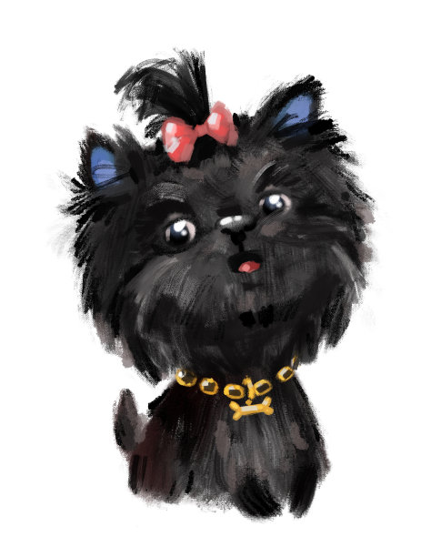 可爱的黑色微笑有趣的梗狗狗手绘水彩与马尾辫与金链。图片下载