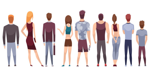 人字背景。年轻的人类的人。矢量人站立插图。卡通男人和女人。成年人从后面看。女性和男性角色在休闲服装图片下载