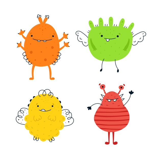 一组有趣的怪物与微笑的脸涂鸦图片下载