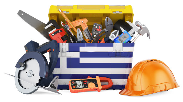 工具箱上画着希腊国旗。在希腊的服务、维修和施工，概念。三维渲染图片下载