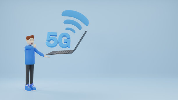 概念5g技术，高速互联网连接速度，男性拿着笔记本电脑，白色背景上有wifi图标和文字5g。三维渲染图片下载