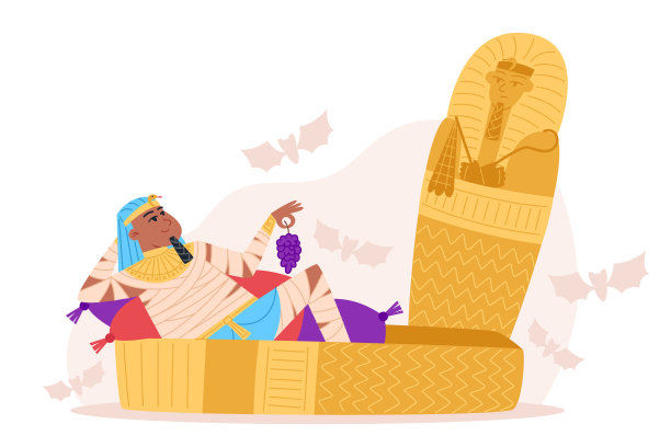 埃及法老躺在一个开放的石棺里休息，万圣节的人物图片下载