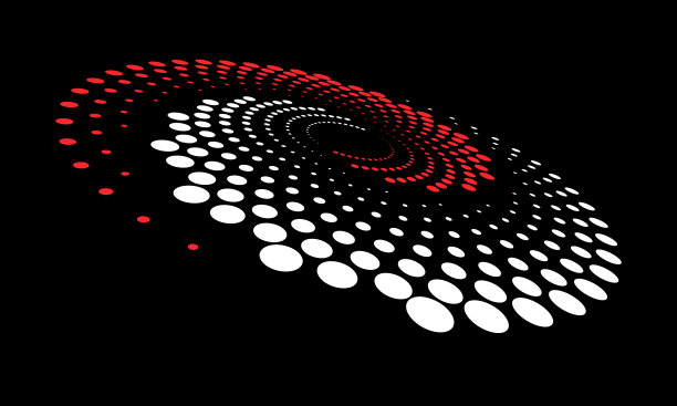 抽象点向量背景。半色调效果与红和白点。螺旋状的背景或图标。阴阳法。圆的视角。图片下载