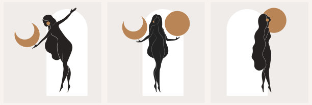一套金色和黑色的女性墙艺术，矢量集。神秘的、抽象的剪影艺术绘画。抽象的身体艺术设计打印，封面，墙纸，最小的墙壁艺术。图片下载