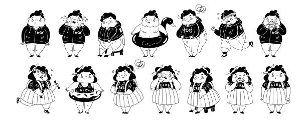 儿童肥胖。收集人物超重的主题。阻止儿童暴饮暴食。女孩和男孩患有肥胖症。胃肠道疾病矢量插图。图片下载