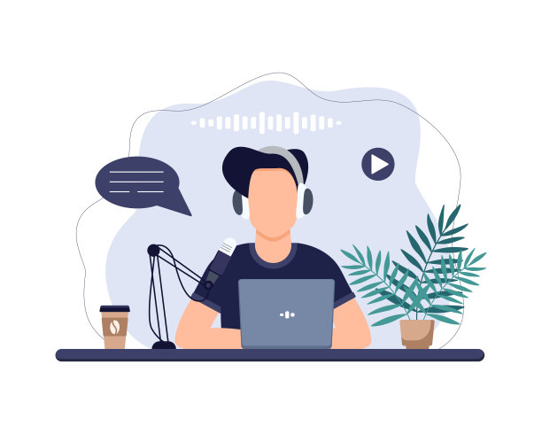 播客概念。与观众交谈的男人。广播正在播放。图片下载
