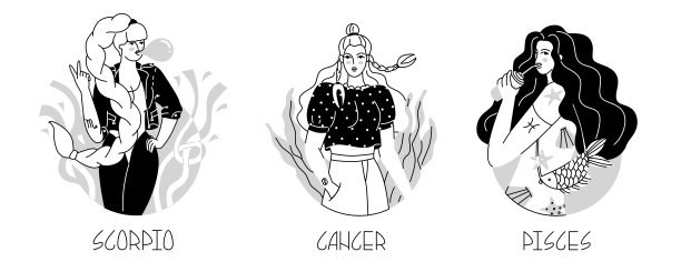 十二星座的女孩。天蝎座,癌症,双鱼座。水的元素。占星术。时尚女性。可爱的现代女孩形象大胆。平面风格的矢量插图。图片下载