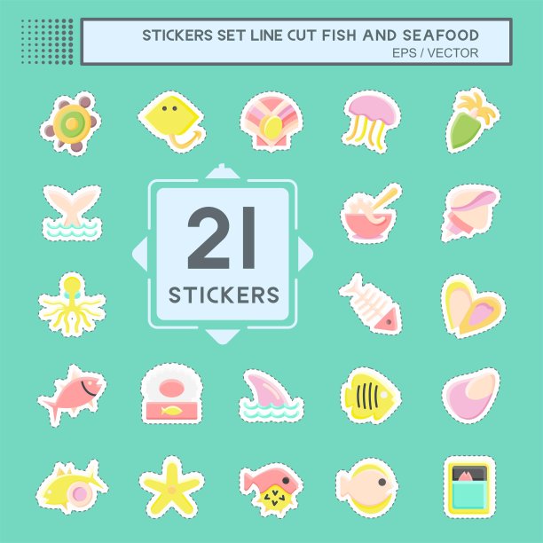 贴纸线切割集鱼和海鲜。适合海鲜标志。简单的设计可编辑。设计模板向量。简单的说明图片下载