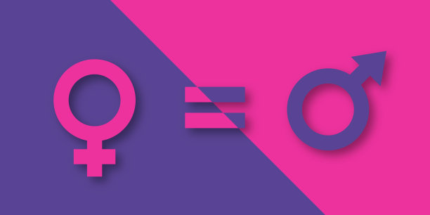 女性和男性性别标志在紫色和粉红色的背景。矢量剪纸插图。男女之间的概念关系。性别平等的概念图片下载