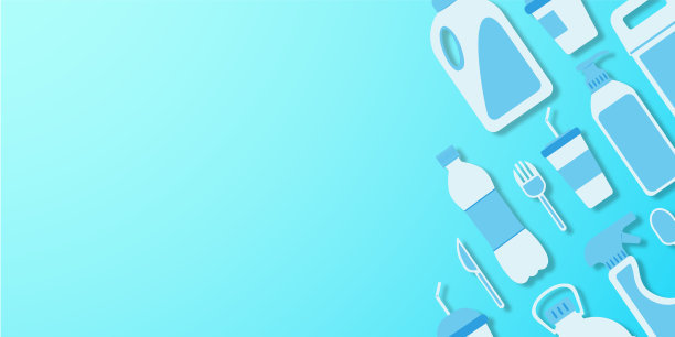 一次性塑料。副本的空间。平的。瓶子，玻璃，勺子，刀子，罐子，喷雾。左边有灯。右边的平面样式项目。马尔代夫的背景颜色。图片下载