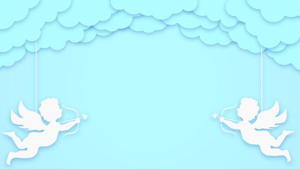 快乐的情人节贺卡背景。文本。节日蓝色的横幅上有云朵、丘比特和爱心。空间的文本图片下载