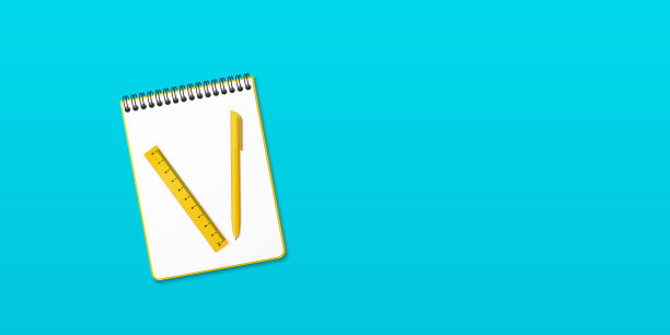 打开黄色笔记本和黄色圆珠笔和尺子，蓝绿色背景，带有用于图像或文本的复制空间。极简主义矢量插图回到学校。俯视图，平铺。图片下载