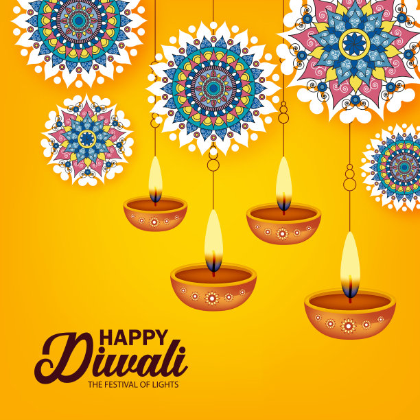 快乐的排灯节彩灯的背景与装饰Diya灯和Rangoli图片下载