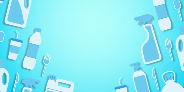 一次性塑料。副本的空间。平的。瓶子，玻璃，勺子，刀子，罐子，喷雾。在两侧以平面样式放置对象。放置文本-在中心。图片下载