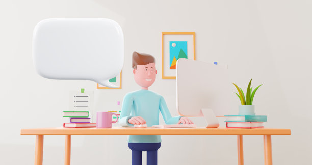 3d人在电脑上工作，在家里工作。图片下载