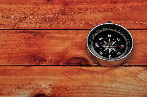 导航指南针在木制桌子的背景图片下载