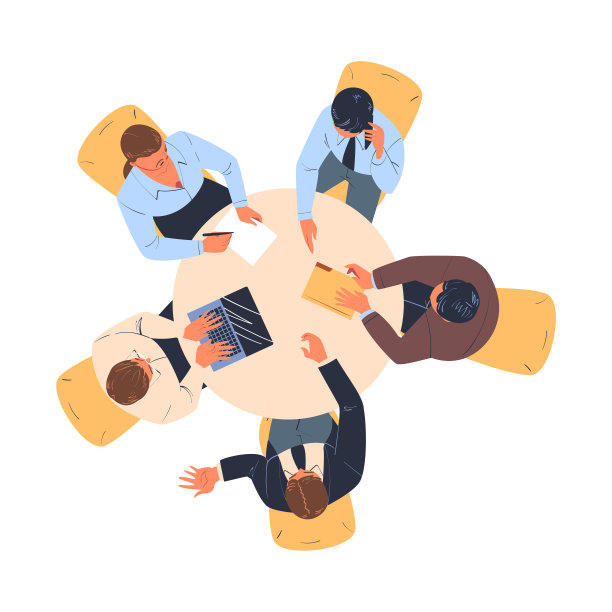 与办公室工作人员在圆桌上头脑风暴讨论项目上面的视图矢量插图图片下载