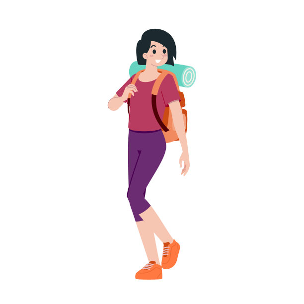 年轻快乐的女子旅游平卡通人物。旅行的人在暑假旅行，孤立在白色的背景。图片下载