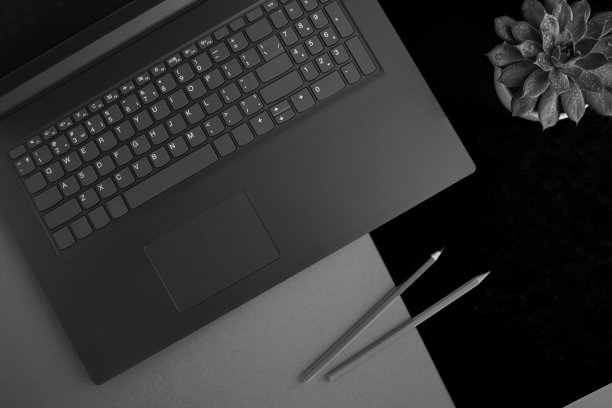 俯视图的办公桌与笔记本电脑，铅笔和仙人掌在灰色的背景。特写镜头。图片下载