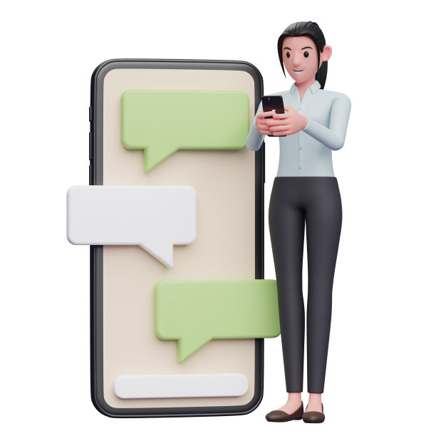 一位女商人正在一个带有泡泡聊天装饰的大电话旁打字图片下载