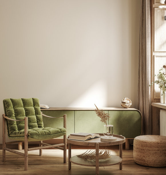 家庭模型，室内背景与卫生间和装饰在客厅图片下载