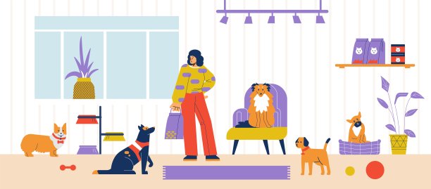 微笑的女人和许多狗在房间里，宠物酒店扁风格图片下载
