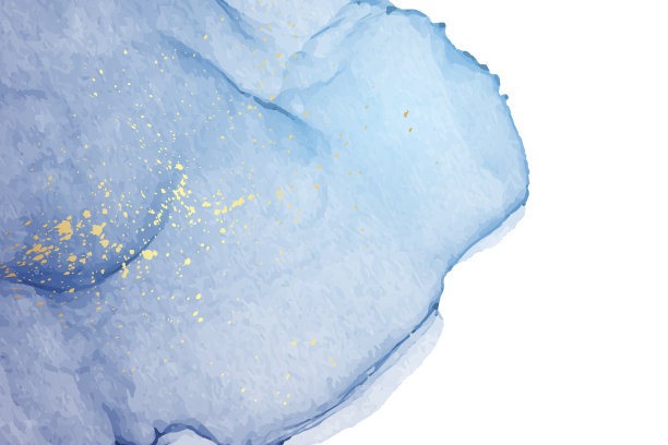 水彩背景与抽象的蓝色墨水波和金色的飞溅。图片下载