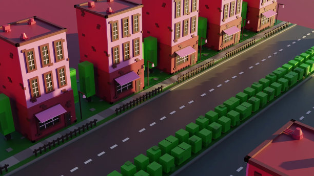 可爱的粉红色低聚联排别墅渲染图片下载