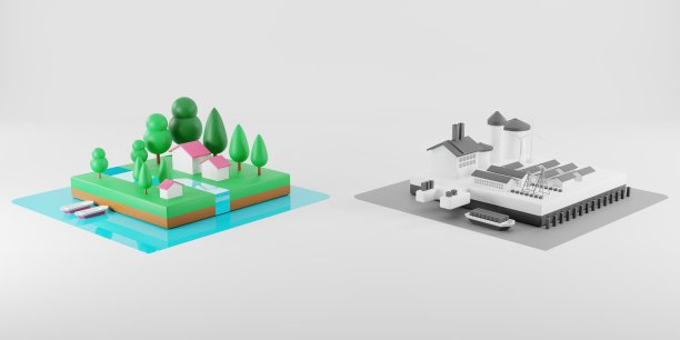 生态城市和工业污染场景，3D渲染图片下载