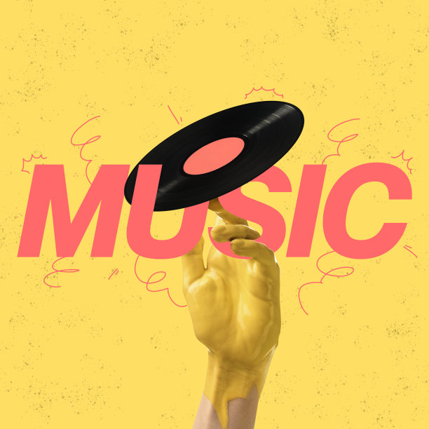 创意丰富多彩的设计。男性手纺手指黑胶唱片孤立在黄色背景图片下载