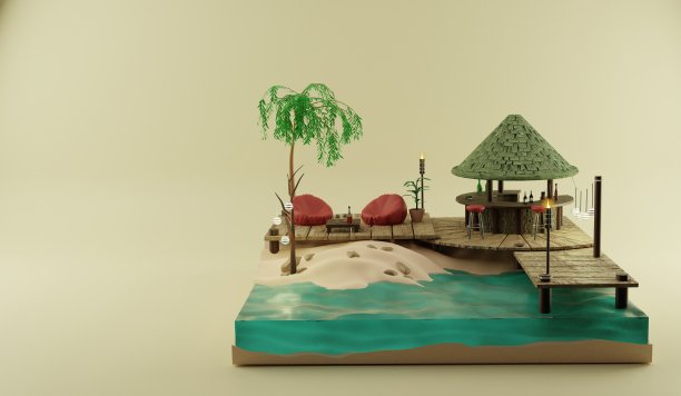 海滩酒吧在一个美丽的热带岛屿。三维渲染图片下载