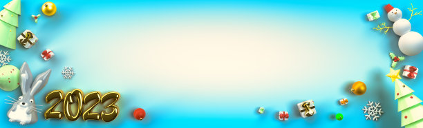 以2023年为主题的兔子作横向背景。节日狭窄的背景与空白的文字空间。图片下载