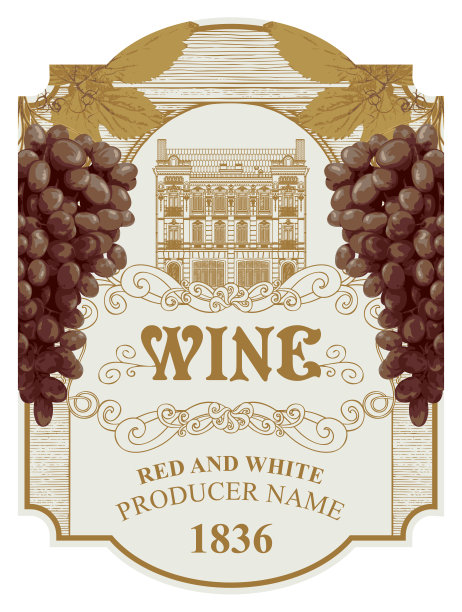 葡萄酒标签与葡萄串和古老的建筑图片下载