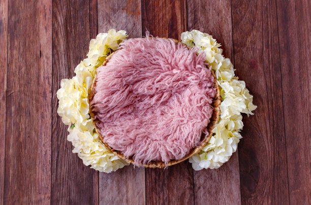 新生儿装饰道具与粉红色和黄色的花朵。新生儿数字化背景下图片下载