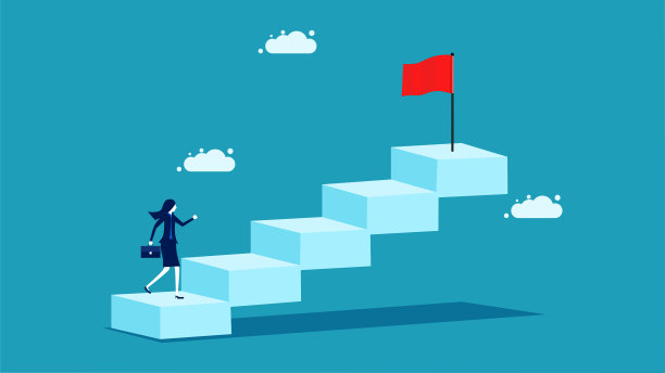 女商人走上楼去拿一面红旗。向量图片下载