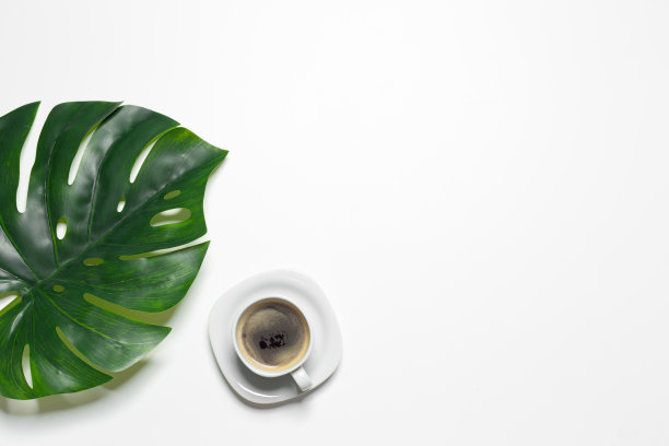 俯视图咖啡杯和monstera叶子图片下载