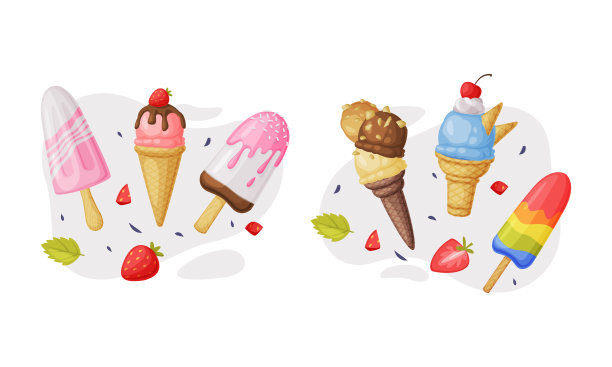 冰淇淋作为甜的冷冻甜点食品和零食矢量合成集图片下载